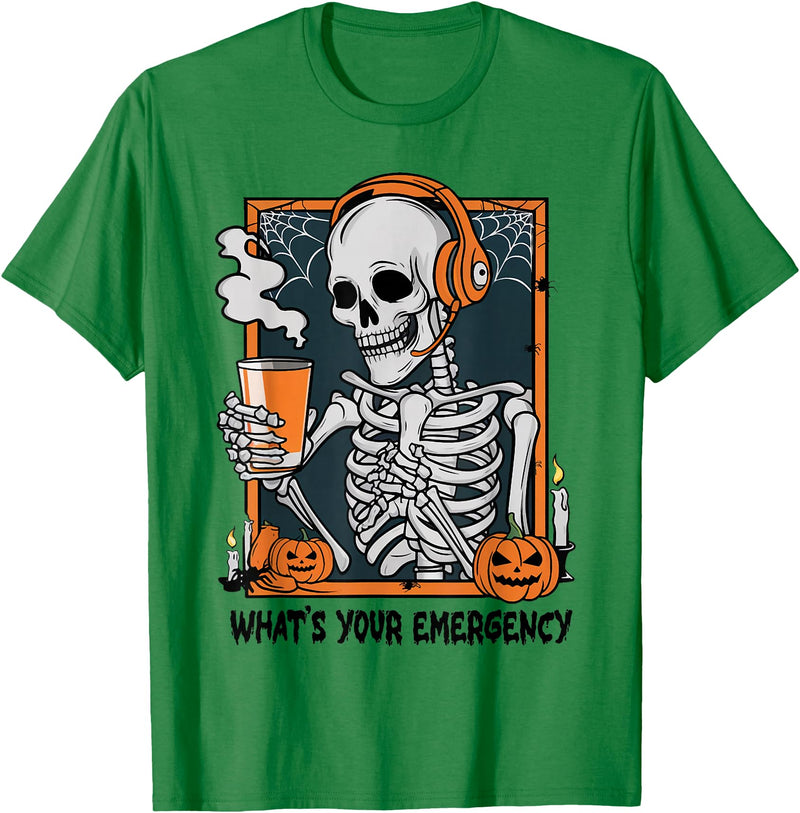 Funny 911 Dispatcher Halloween Skeleton What Your Emergency T-Shirt - Kelly Green