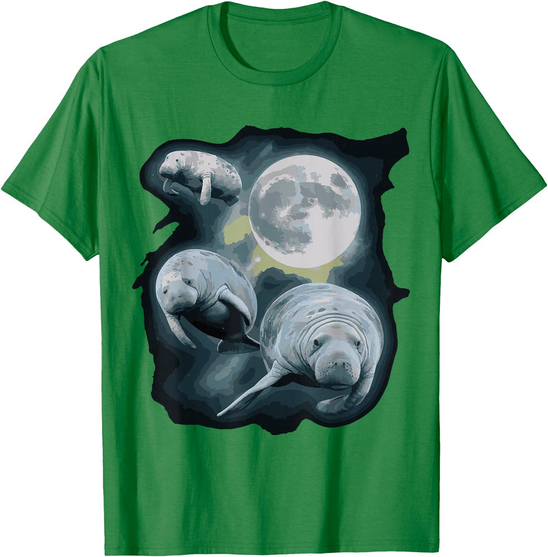 Manatee Howling Moon Manatee Sea Cow Three Manatee Howling At The Moon T-Shirt - Kelly Green