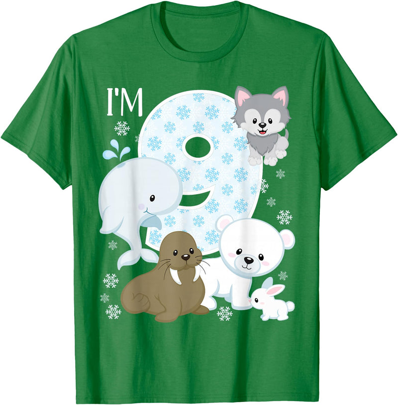 Arctic Animals Birthday Party Family Matching Bday Arctic Animals 9th Birthday Polar Bear Walrus Fox Sea Theme T-Shirt - Kelly Green