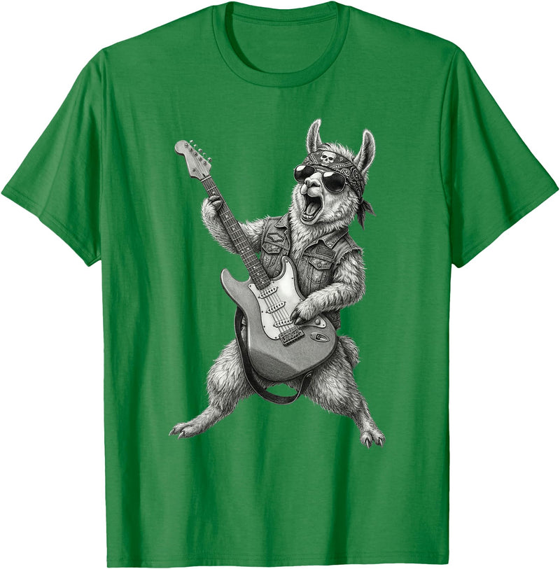 Rock Guitar Llama Stuff Accessories & Gifts Llama Playing Guitar Rock & Roll Llamas Alpaca Rocker Music T-Shirt - Kelly Green