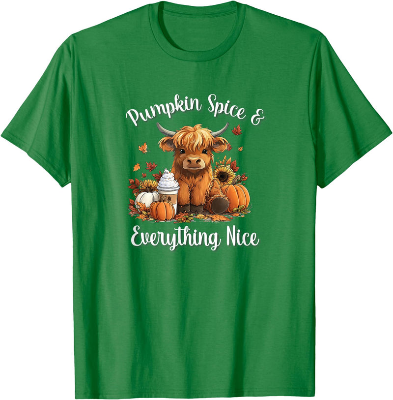 Boho Cowgirl Fall Y'all Gifts T Shirts & Hoodies Womens Pumpkin Spice & Everything Nice Highland Cow Lover T-Shirt - Kelly