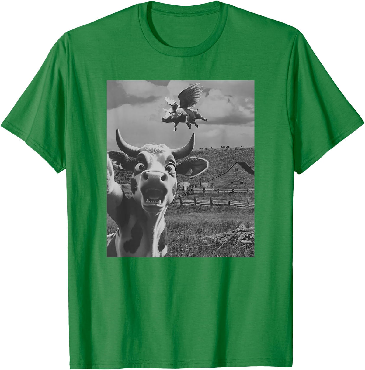 When Pigs Fly Pig Lover Designs Apparel Gifts Cow Selfie With Flying Pigs Fly Funny Gift for Men Women Kid T-Shirt - Kelly Green