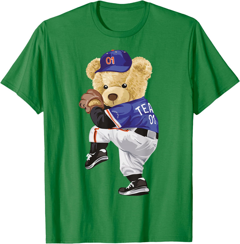 BERSLL Cute Teddy Bear Baseball Jug Sweatshirt T-Shirt - Kelly Green