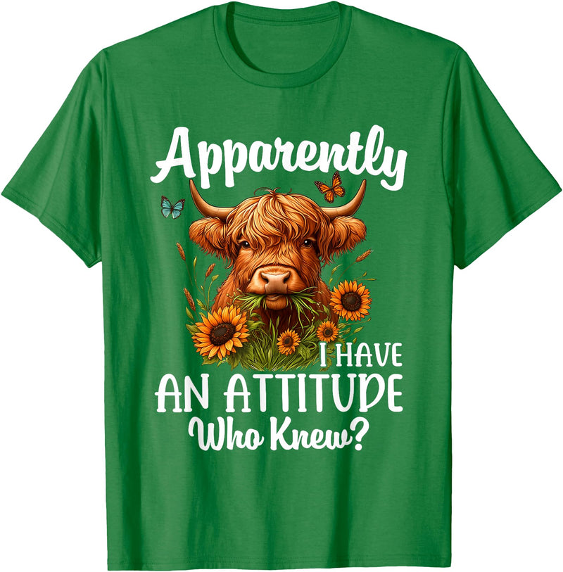 Sarcastic Humor Highland Cow Farm Cow Girls Women Apparently I Have An Attitude Who Knew Sarcasm Highland Cow T-Shirt -