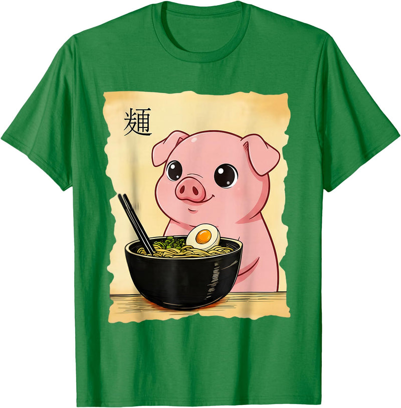 Funny Pig Anime Eating Ramen Pig Ramen Japanese Kawaii Anime Pig T-Shirt - Kelly Green