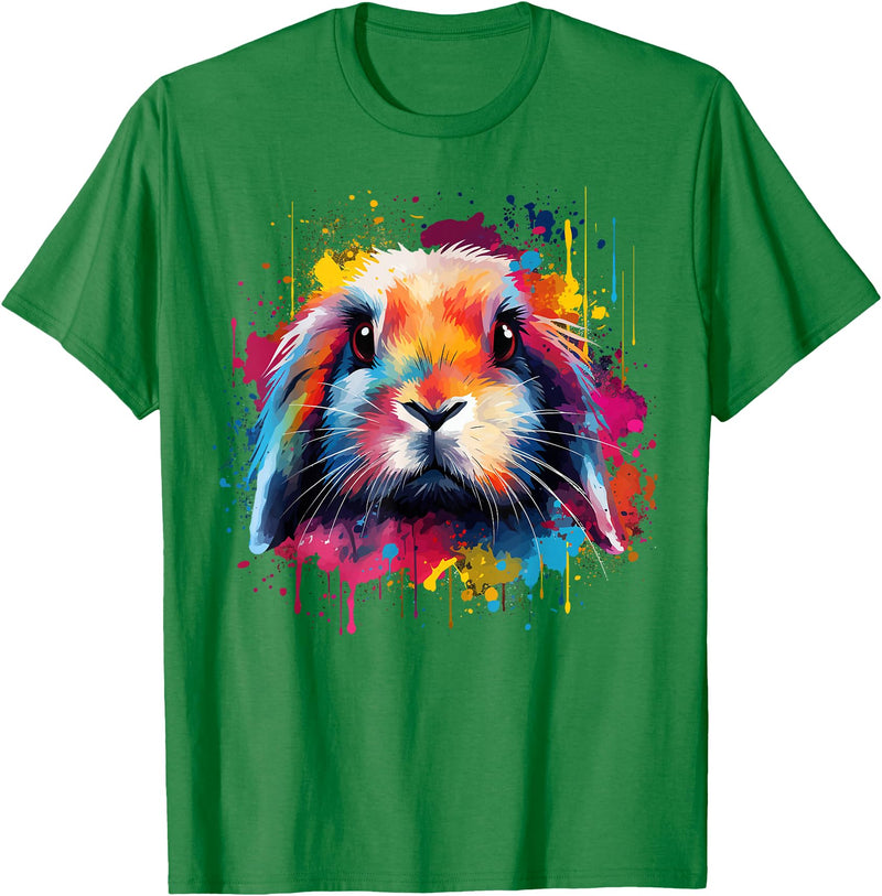 Cute Holland Lop Rabbit Lover Colorful Splash Art T-Shirt in Kelly Green