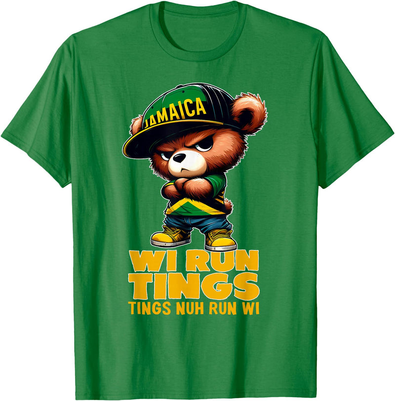 Jamaican Gifts for proud Jamaican Men, Women, Kids WI RUN TINGS Teddy Bear Jamaica Flag Shirt Jamaican Clothing T-Shirt - Kelly Green