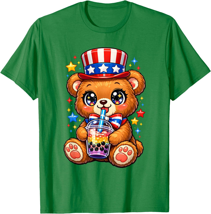 Kawaii Red White and Blue Fourth July Little Kids Cute Teddy Bear Patriotic 4th July Gift Bubble Boba Tea USA T-Shirt - Kelly Green