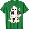 Halloween Cute Ghost Holding Black Cat Spooky Ghost Holding Black Cat Coffee Lover Funny Halloween T-Shirt - Kelly Green