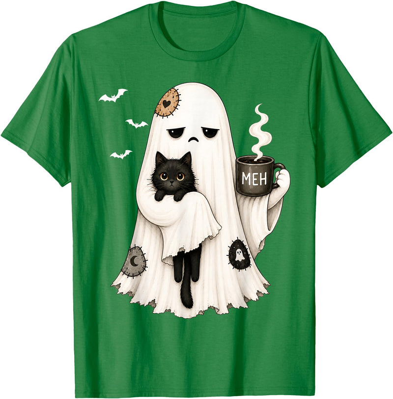 Halloween Cute Ghost Holding Black Cat Spooky Ghost Holding Black Cat Coffee Lover Funny Halloween T-Shirt - Kelly Green