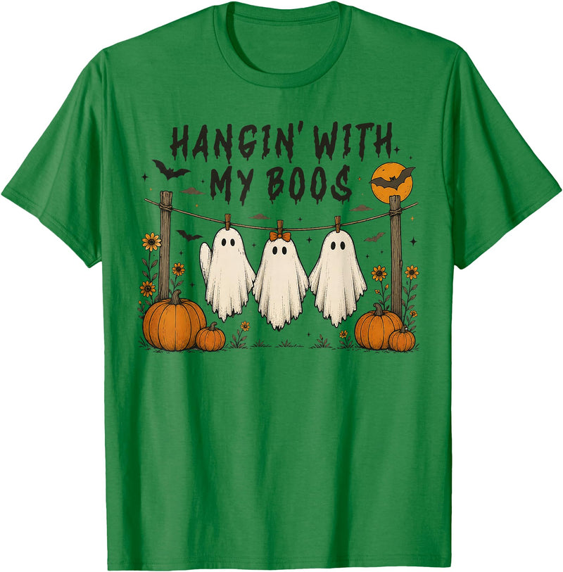 Retro Hangin’ With My Boos Funny Ghost Halloween T-Shirt - Kelly Green