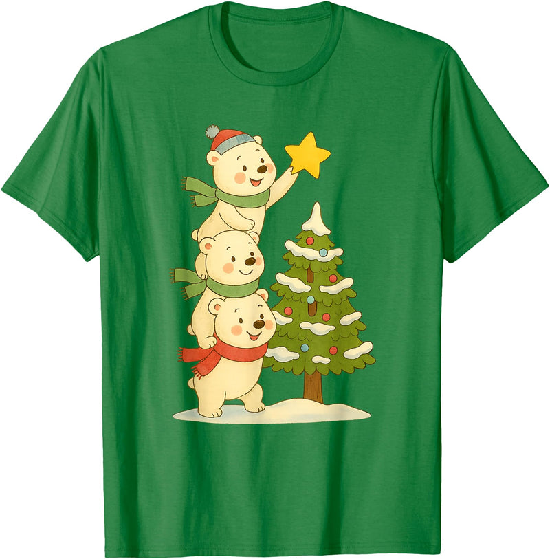 Cute Xmas Bear Cartoon for Kids and Family Cute Polar Bear Stacking Star on Tree Christmas T-Shirt - Kelly Green