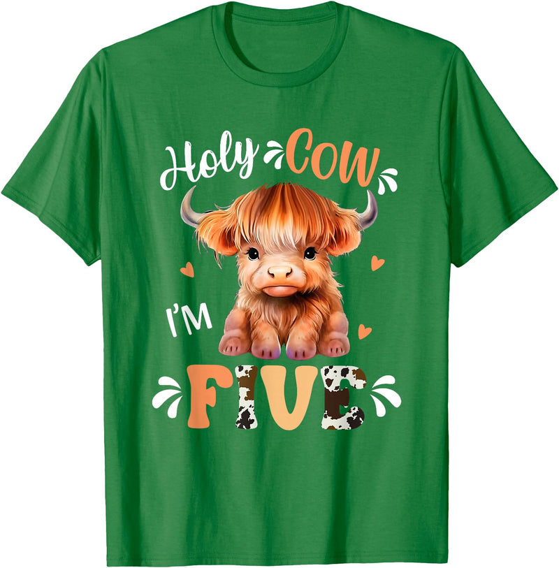 Highland Cow Print 5 Year Old Birthday Gift Holy Cow Im Five Scottish Highland Cow Print 5th Birthday T-Shirt - Kelly Green