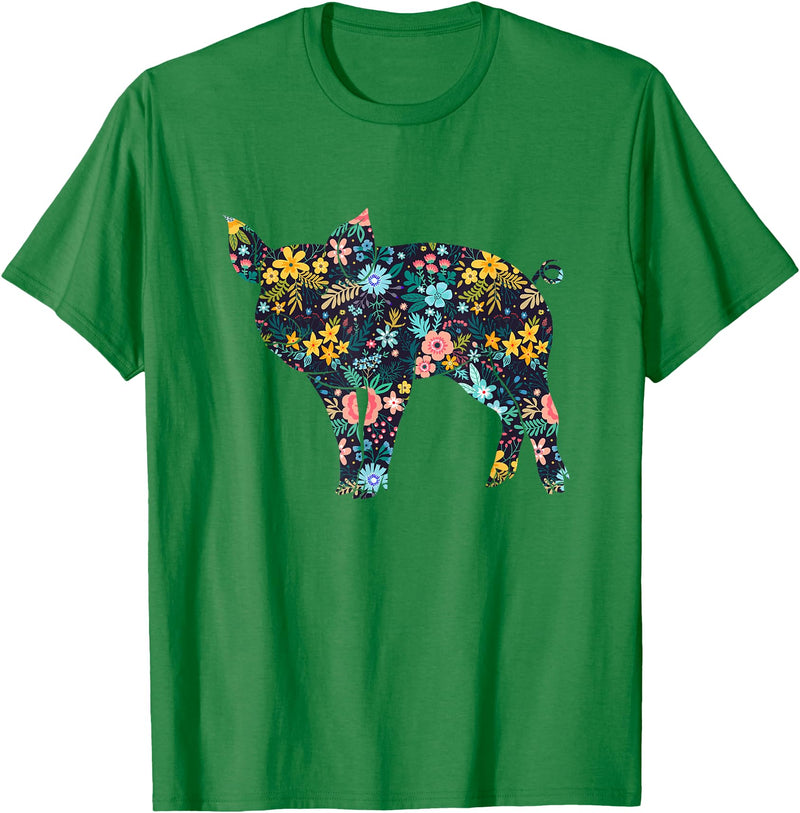 Animal Hog Floral Silhouette Pig Lover Floral Piglet Silhouette Womens Girls Graphic Pig T-Shirt - Kelly Green