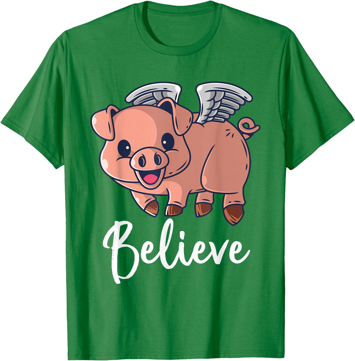Buddy Tees Flying Pig with Wings Believe Motivational Pigs T-Shirt - Kelly Green
