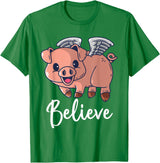 Buddy Tees Flying Pig with Wings Believe Motivational Pigs T-Shirt - Kelly Green