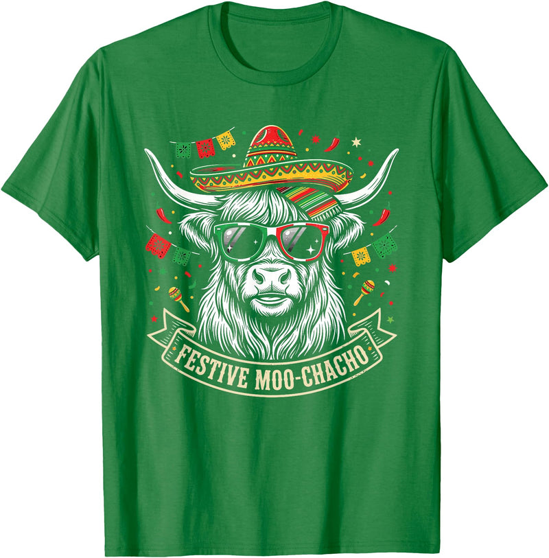 Cinco De Mayo Fiesta Moo Tees Vintage Highland Cow Cinco De Mayo Funny Retro Fiesta Design T-Shirt - Kelly Green