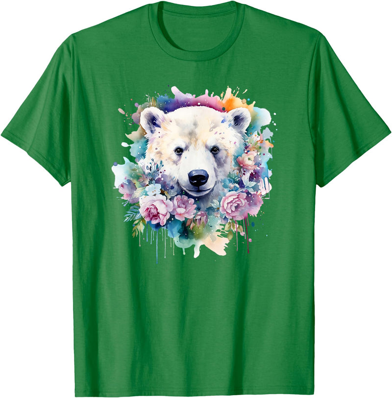 Colorful Polar Bear Kids Arctic Wildlife Painting Polar Bear Floral Watercolor Animal Cute Polar Bear Face T-Shirt - Kelly Green