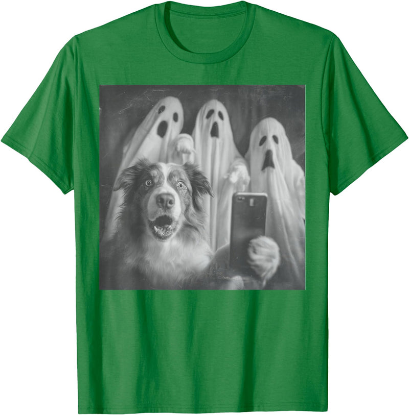 Spooky Aussie Moments Australian Shepherd Selfie Funny Ghost Halloween T-Shirt - Kelly Green