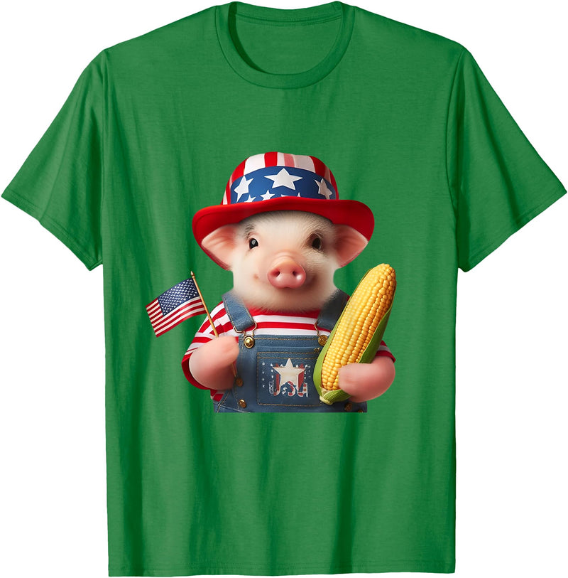 Pig Corn 4th of July Design 4th of July Pig American Us Flag Patriotic Corn 4th of July T-Shirt - Kelly Green