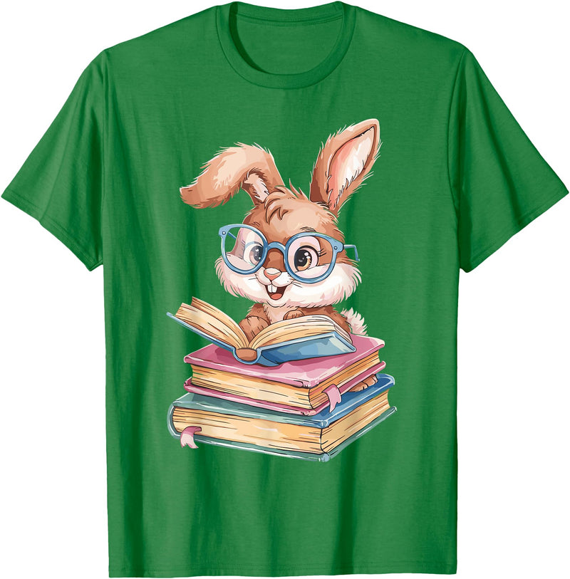 Bunny Rabbit Reading Books Funny Rabbit Books Bunny Reader T-Shirt in Kelly Green