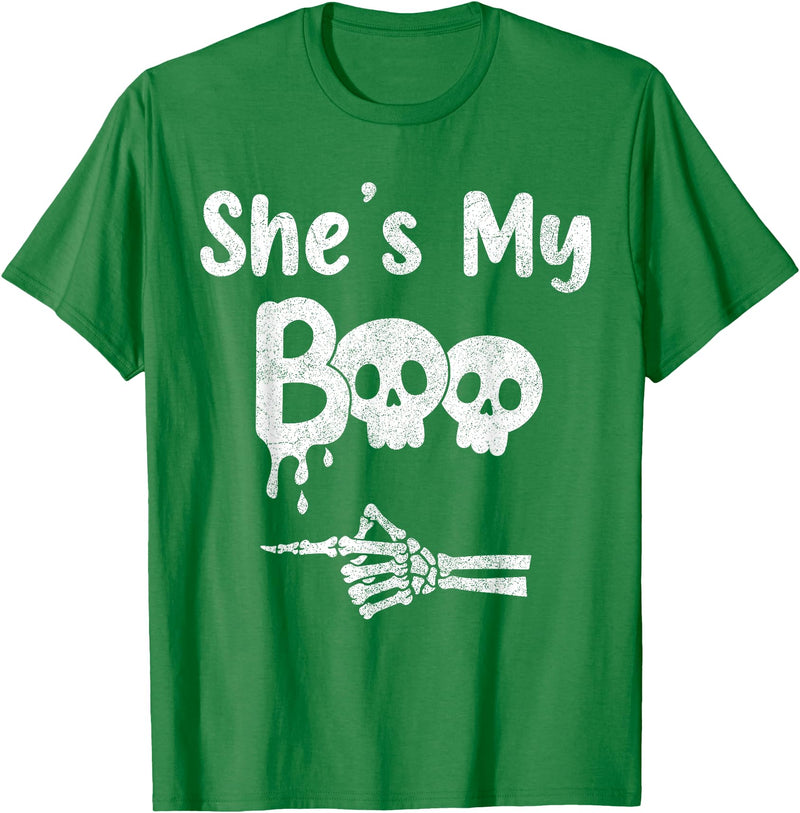 Couples Halloween Matching Gifts Matching Halloween Pajama Couples, She’s My Boo Skull Face T-Shirt - Kelly Green