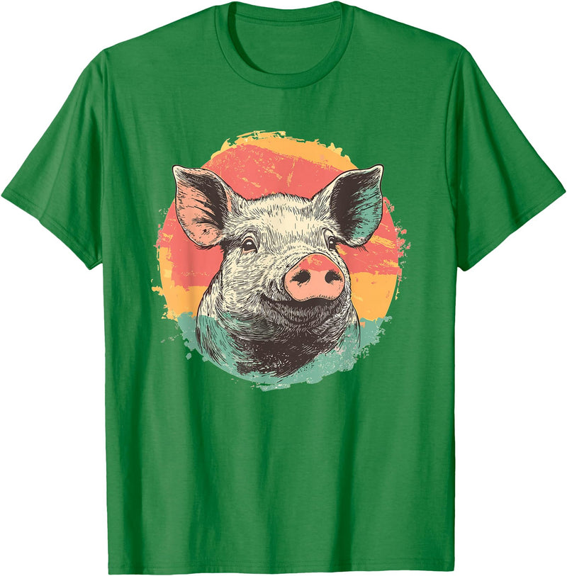 Pig Lovers Retro Vintage Farm Animal Art Vintage Pig Sunset Retro Farm Style Animal T-Shirt - Kelly Green