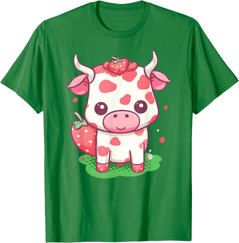 Strawberries Cow Baby Animal Kids Cute Apparel Cow Strawberry Cute Kawaii Pink Pastel Strawberry Milk Farm T-Shirt - Kelly