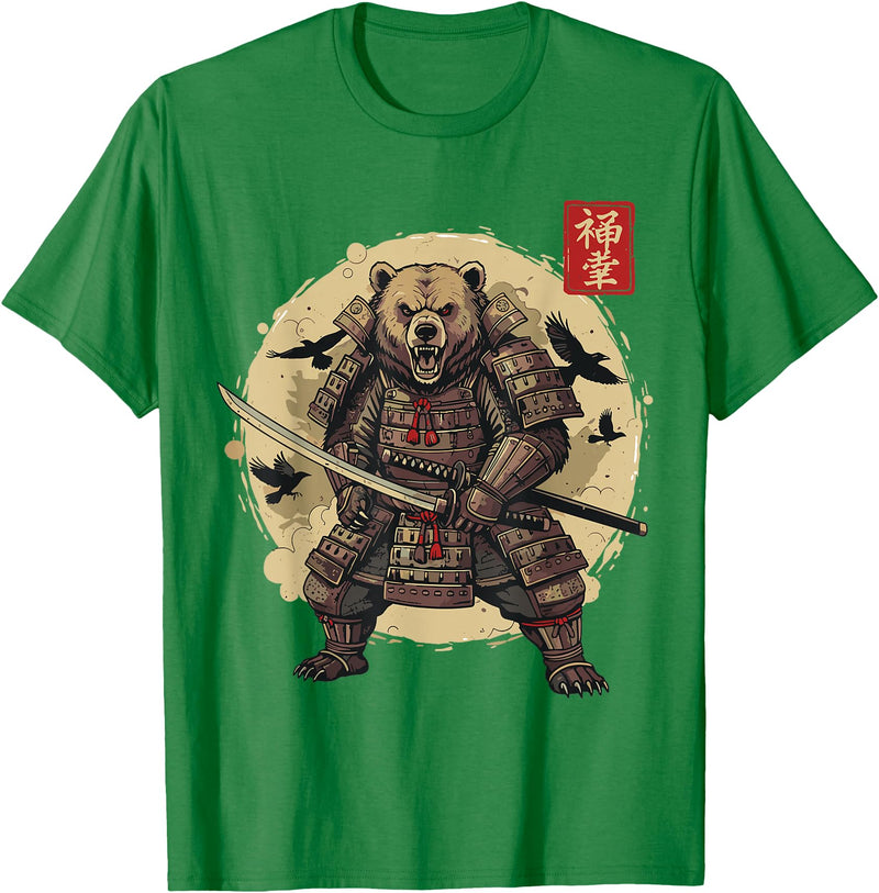 Anime Shirts For Men Women Kids Gifts Samurai Bear Shirt Warrior Vintage Graphic Japanese Men T-Shirt - Kelly Green