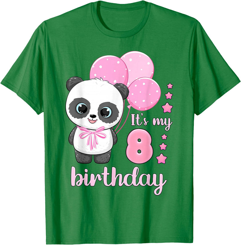 Birthday Gifts for Girls by Content Design Studio Birthday Girl 8 Panda Pink Balloons T-Shirt - Kelly Green