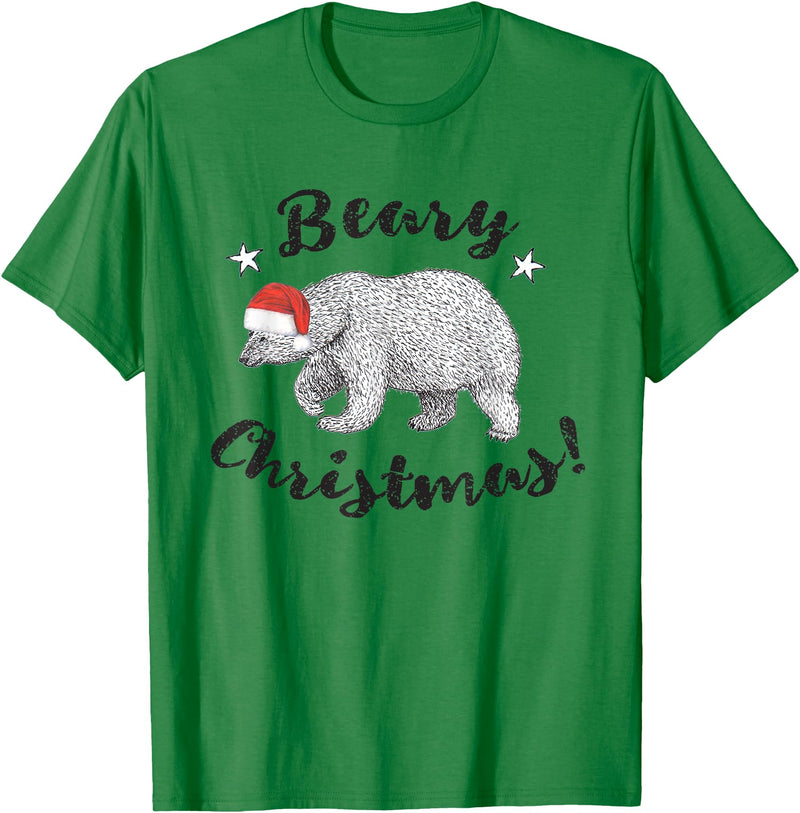 ChescaMade Christmas Apparel Beary Christmas Cute Polar Bear In Santa Hat T-Shirt - Kelly Green
