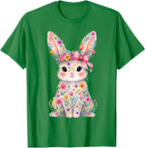 Cute Pink Flower Bunny Rabbit Happy Easter Women Girls T-Shirt in Kelly Green