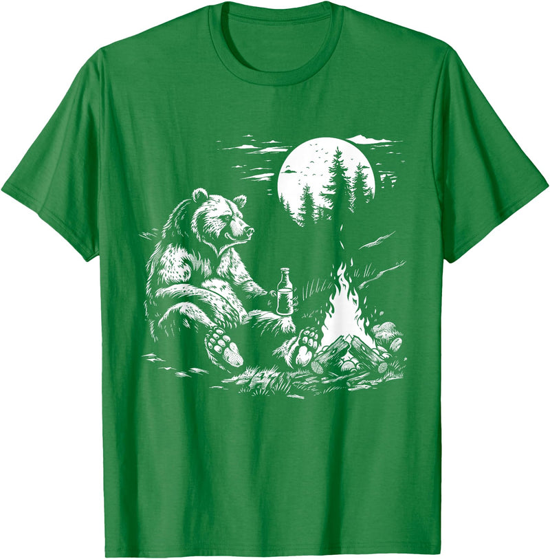 Camping Grizzly Bear Camping Bear Drinking Beer Hiking Nature Funny Grizzly Bear T-Shirt - Kelly Green