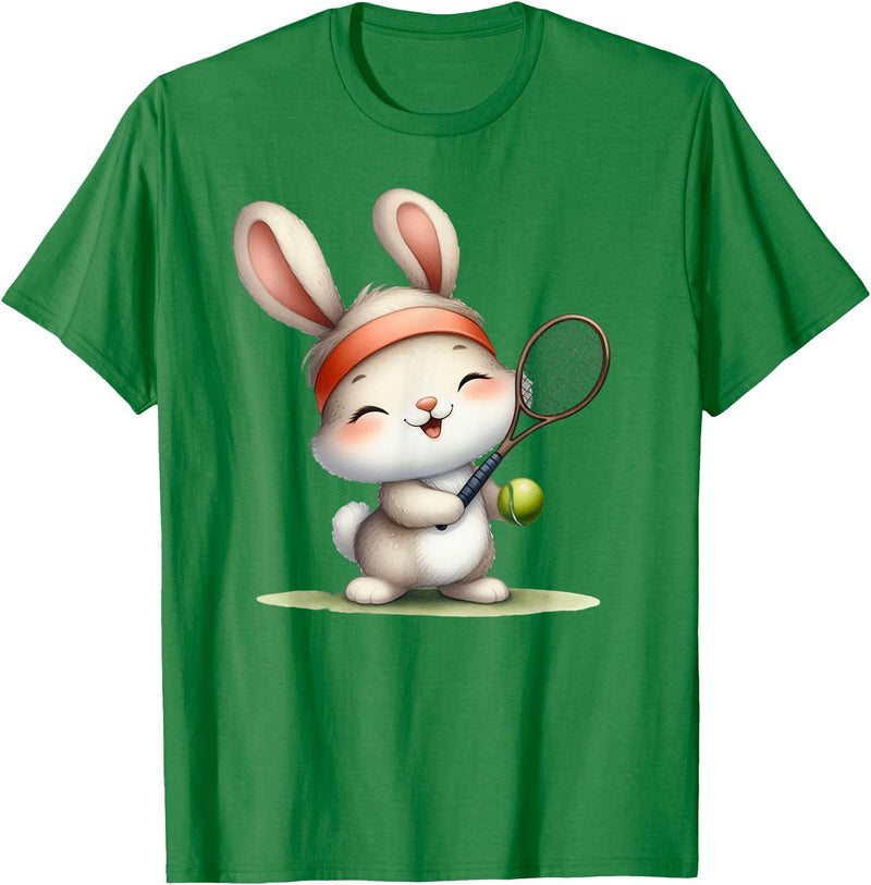 Cute Bunny Rabbit Tennis Player Cartoon Mascot T-Shirt in Kelly Green