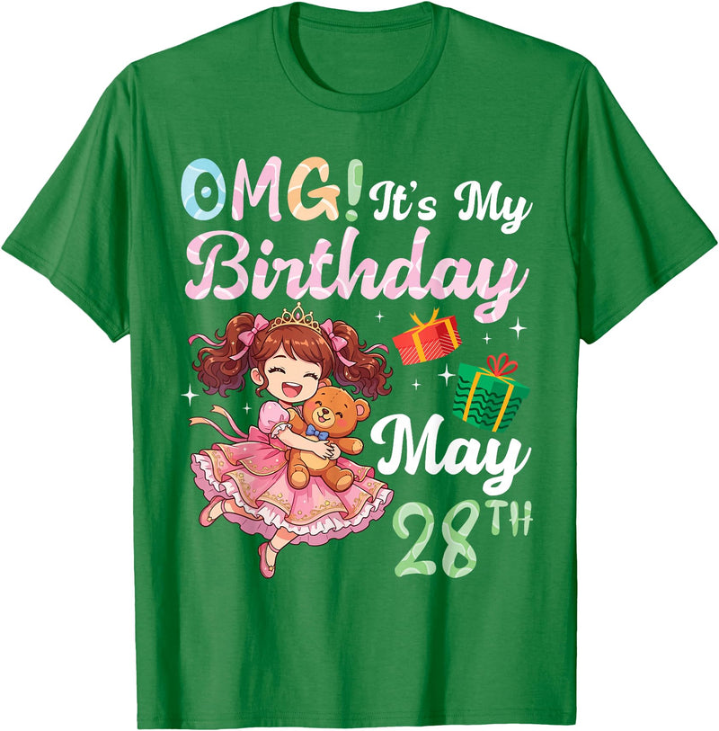 H1Shop Happy Birthday Born On May 28 OMG It's My Birthday Born On May 28th Girl with Present Bear T-Shirt - Kelly Green