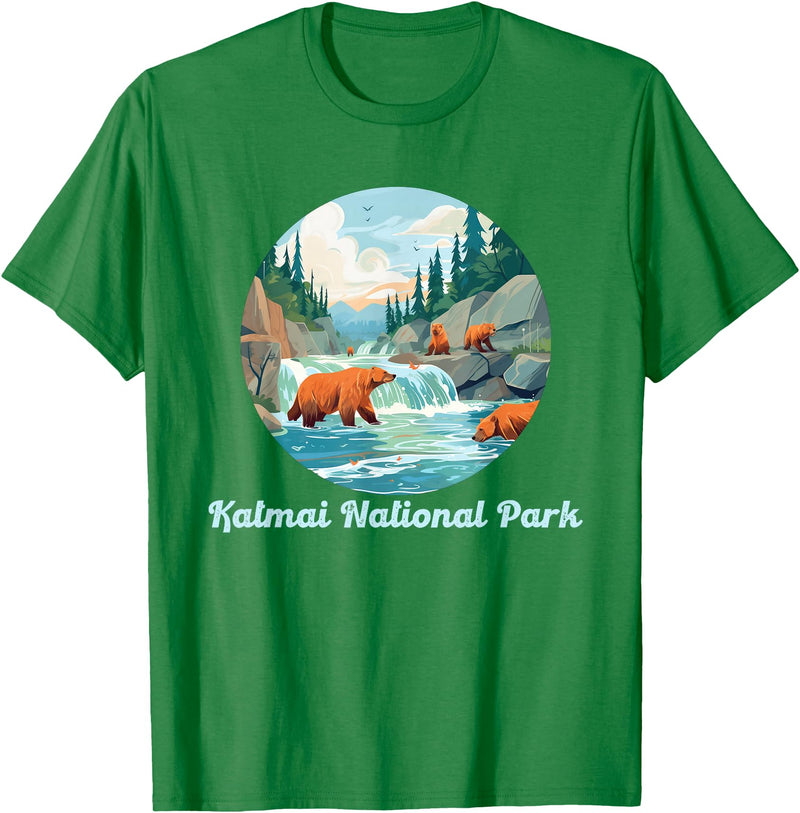 Fun National Parks Alaska Katmai National Park Alaska Brooks Falls Salmon Bears T-Shirt - Kelly Green