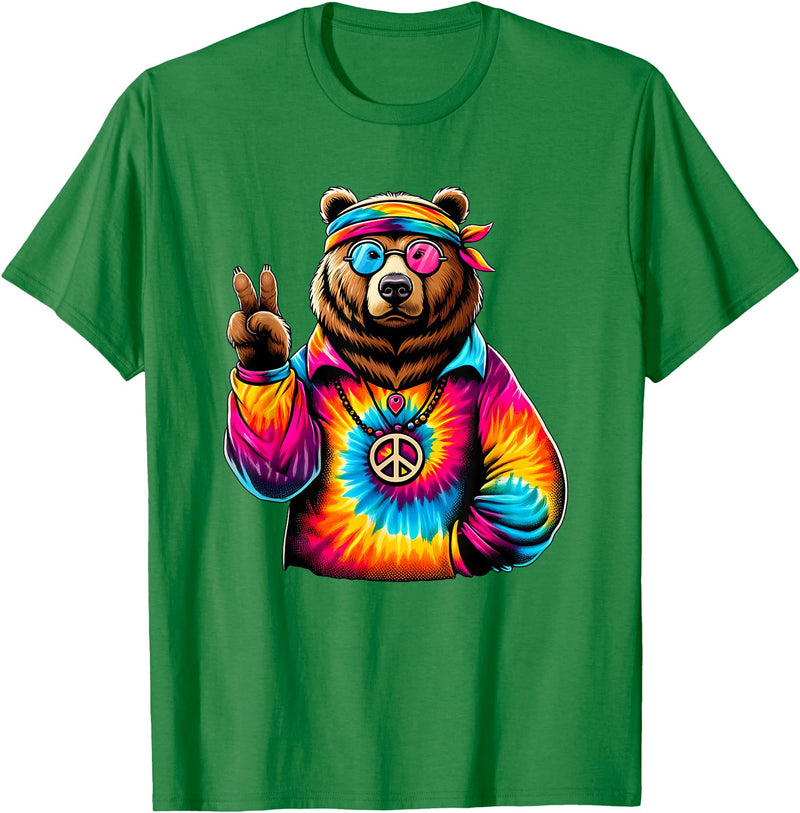 Grizzly Bear Hippie Costumes Peace Sign Tie Dye Grizzly Bear T-Shirt - Kelly Green