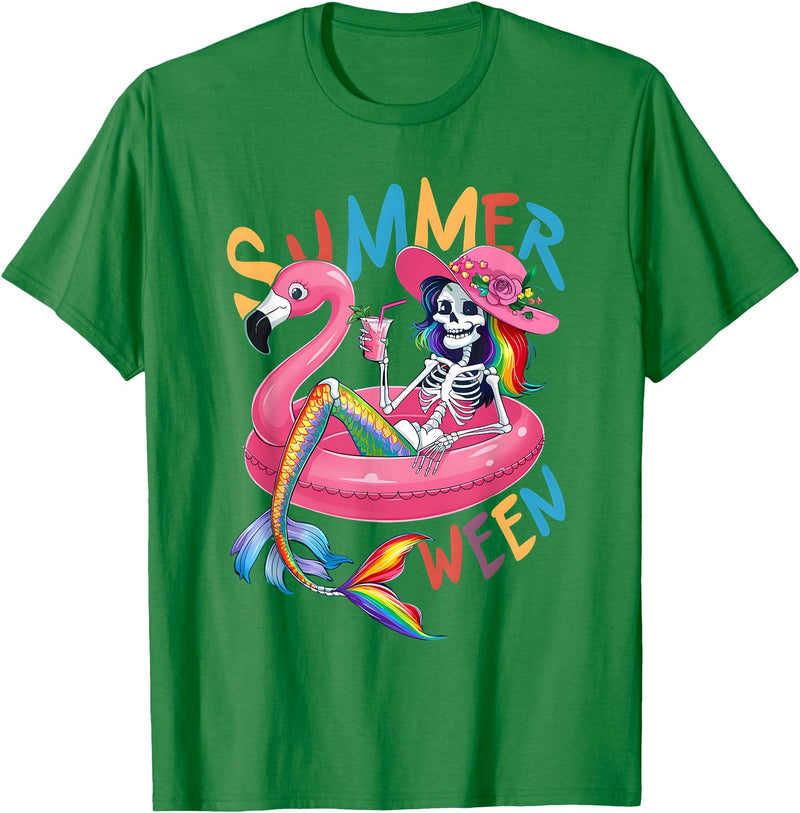 Summer Halloween Summerween Summerween Mermaid Skeleton Flamingo Summer Halloween Women T-Shirt - Kelly Green