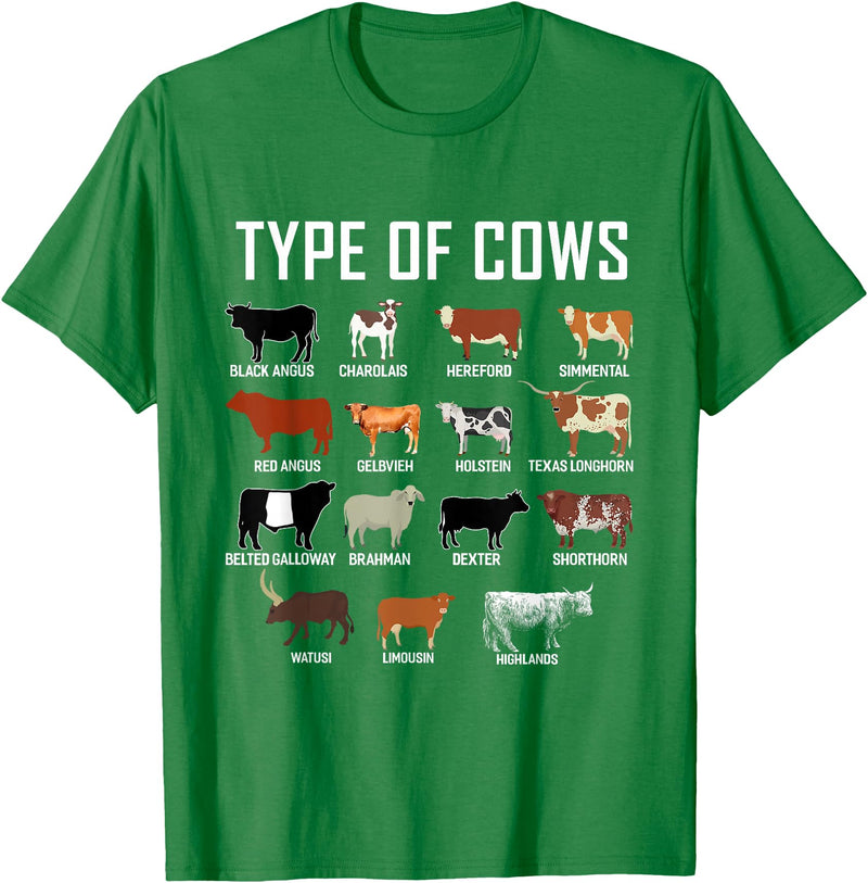 COW Designs By ShirtZilla Types of Cows Shirt Farmer Tee Shirt Costume Cow T-Shirt - Kelly Green