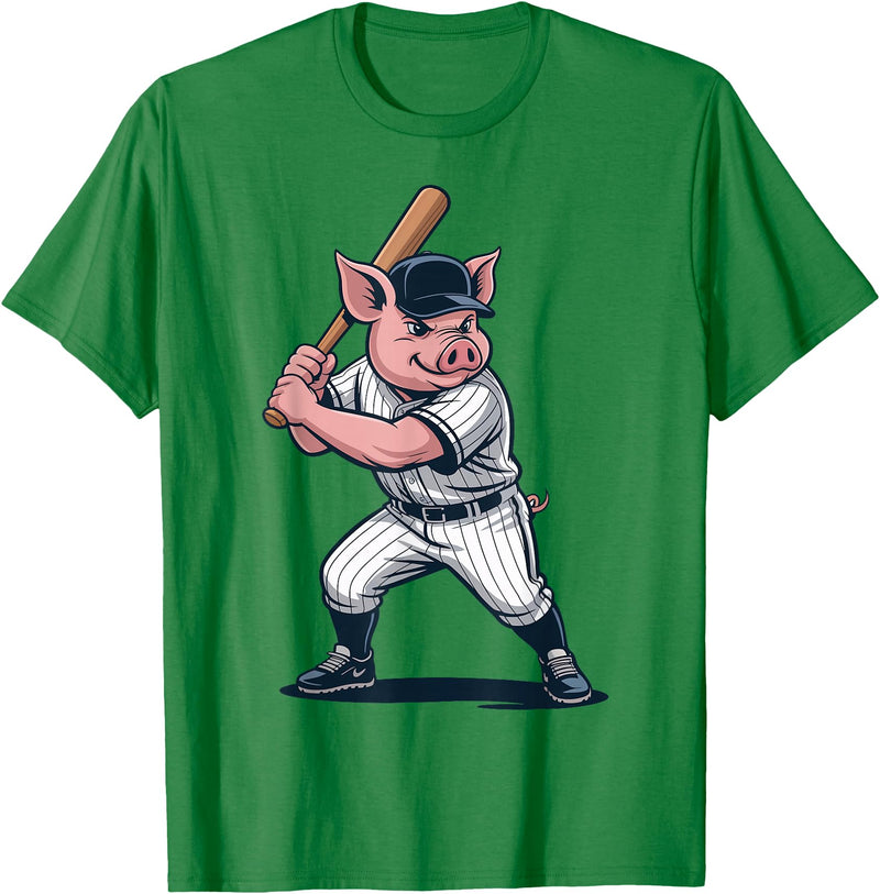 Pig Animal Baseball Lovers Graphic Funny Pig Playing Baseball Artwork Vintage Animal Baseballer T-Shirt - Kelly Green