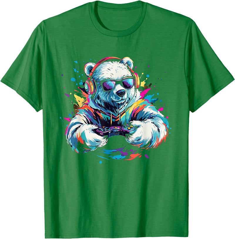 Colorful artistic polar bear gamer animal motifs Gaming Polar Bear Colorful Headset Art Gamer Polar Bear T-Shirt - Kelly Green