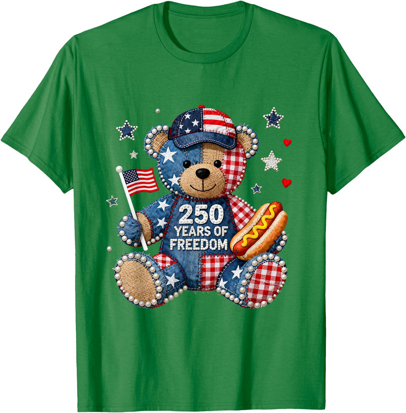 Patriotic Bear USA Vintage Co 250 Years of Freedom Patriotic Bear USA Retro T-Shirt - Kelly Green