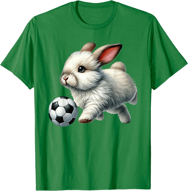 Cute Bunny Soccer Player Rabbit Kicking Ball T-Shirt in Kelly Green