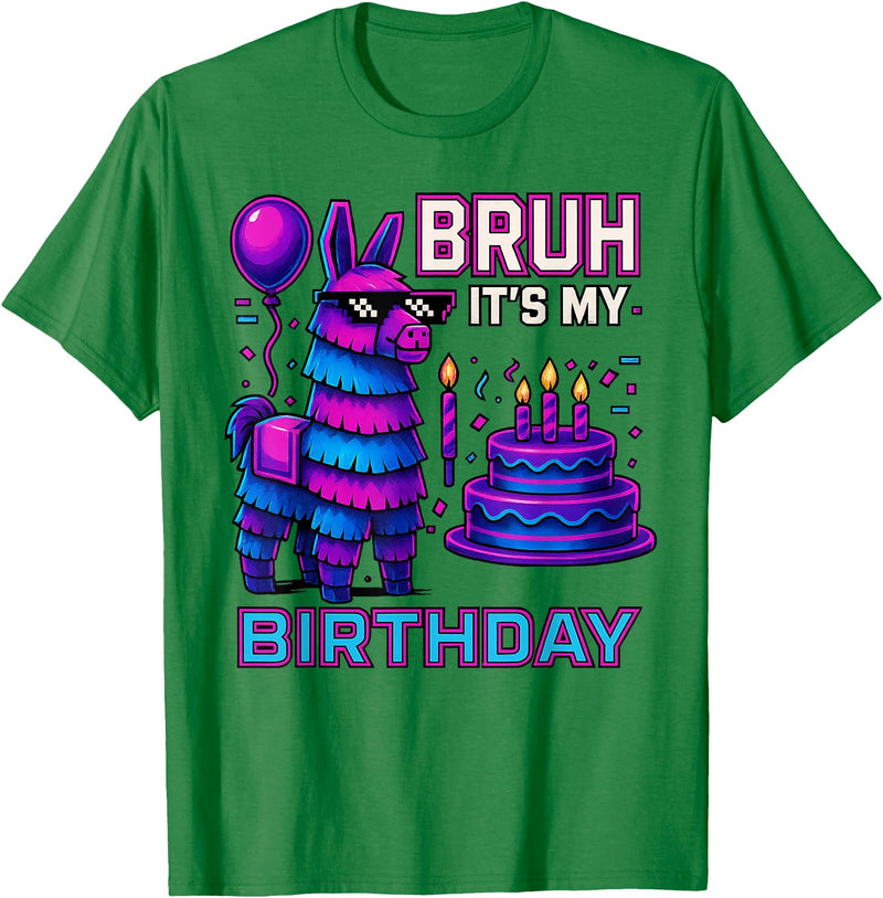 gaming gamer Birthday Llama Pinata Family Apparel Bruh It’s My Birthday Funny Llama Pinata Bday boy Kids Party T-Shirt - Kelly Green