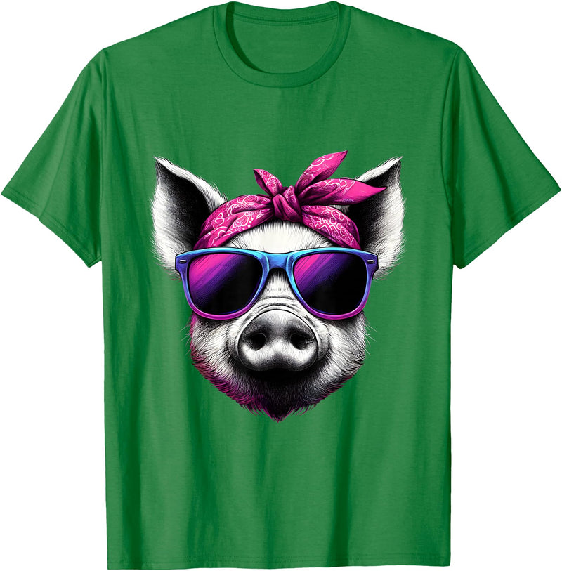 Fashionable Animals Wearing Pink Bandanas Pig Wearing Pink Bandana Headband and Sunglasses T-Shirt - Kelly Green