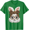 Happy Easter Funny Bunny Glasses Leopard Bandana Rabbit Face T-Shirt in Kelly Green