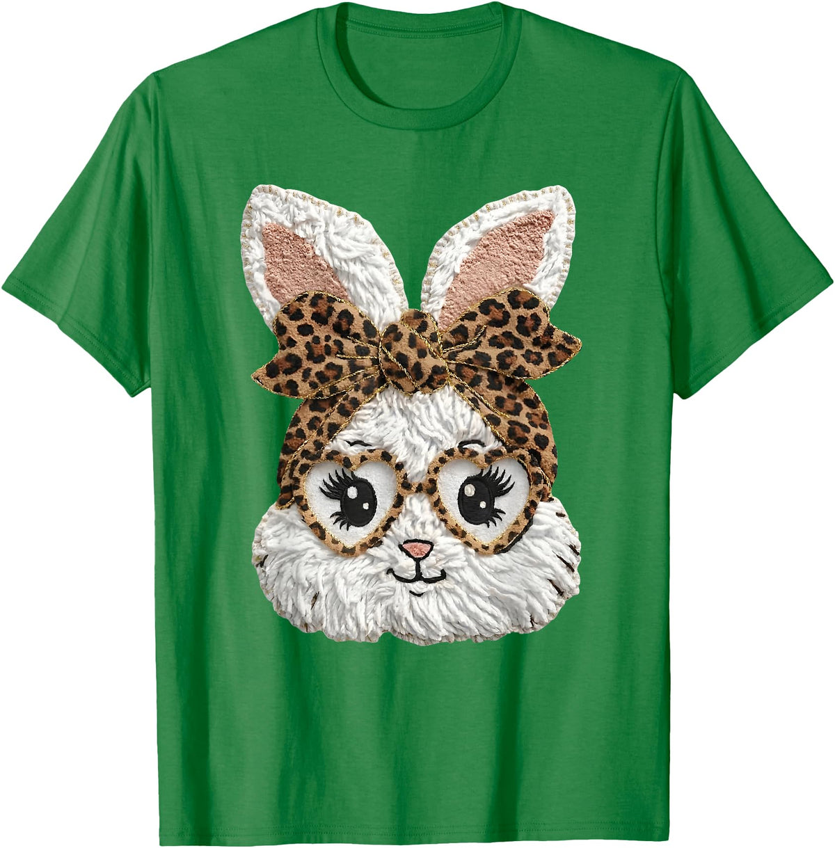 Happy Easter Funny Bunny Glasses Leopard Bandana Rabbit Face T-Shirt in Kelly Green
