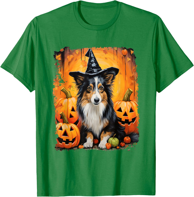 DoggoUnleashed Clothing Sheltie Shetland Sheepdog Halloween T-Shirt - Kelly Green