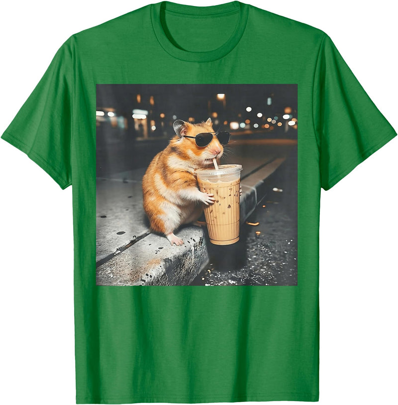 Hamster Drinking Iced Coffee Funny Animal Meme Men Women T-Shirt - Kelly Green