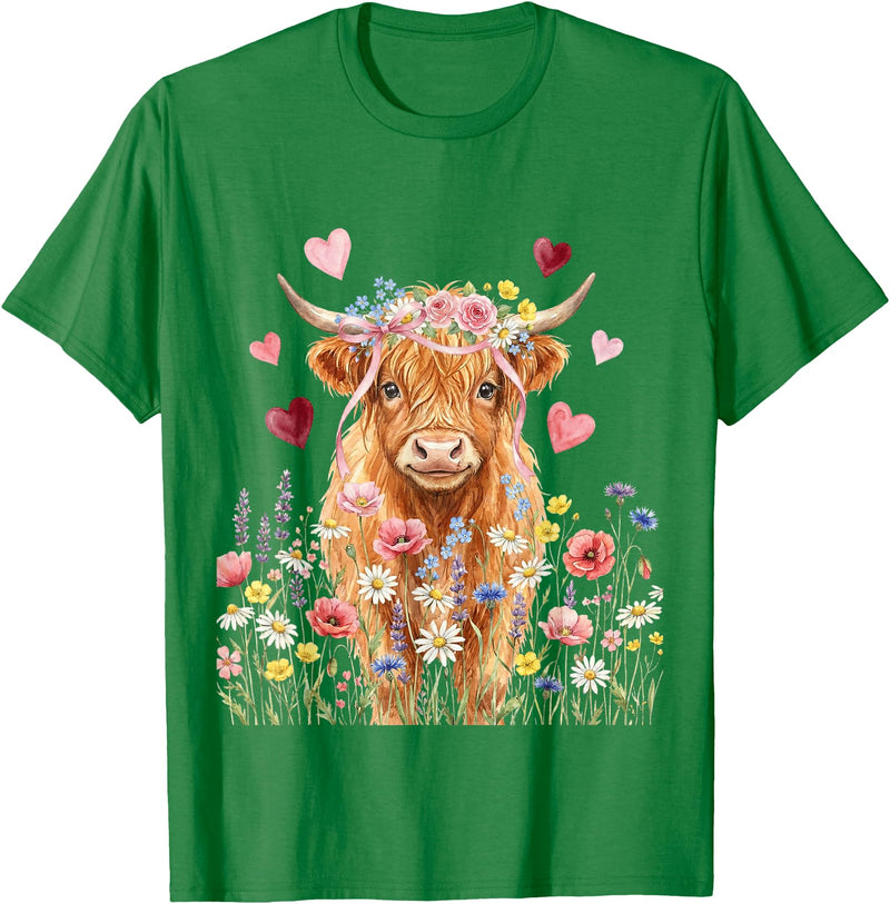 Floral Scottish Highland Cow Farm Animals Cute Highland Cow Women Girls Kid Scottish Cow Highland Cow T-Shirt - Kelly Green